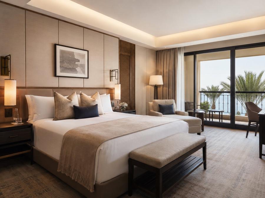 Hotelzimmer mit Balkonzugang, hochwertiger Einrichtung und Meerblick